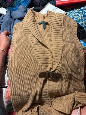 Lauren Ralph Lauren Petite Chunky Knit Shawl Collar Buckle Sweater Vest PL Tan